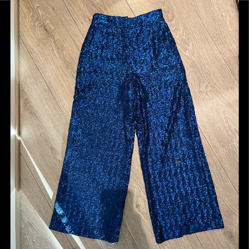 PT01 Blue Sequins Wide Leg Palazzo Pants Size 38 US 2 XS